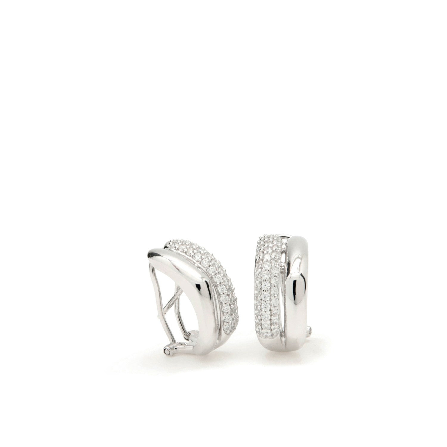 Omega clasp earrings, two-track design with cubic zirconia