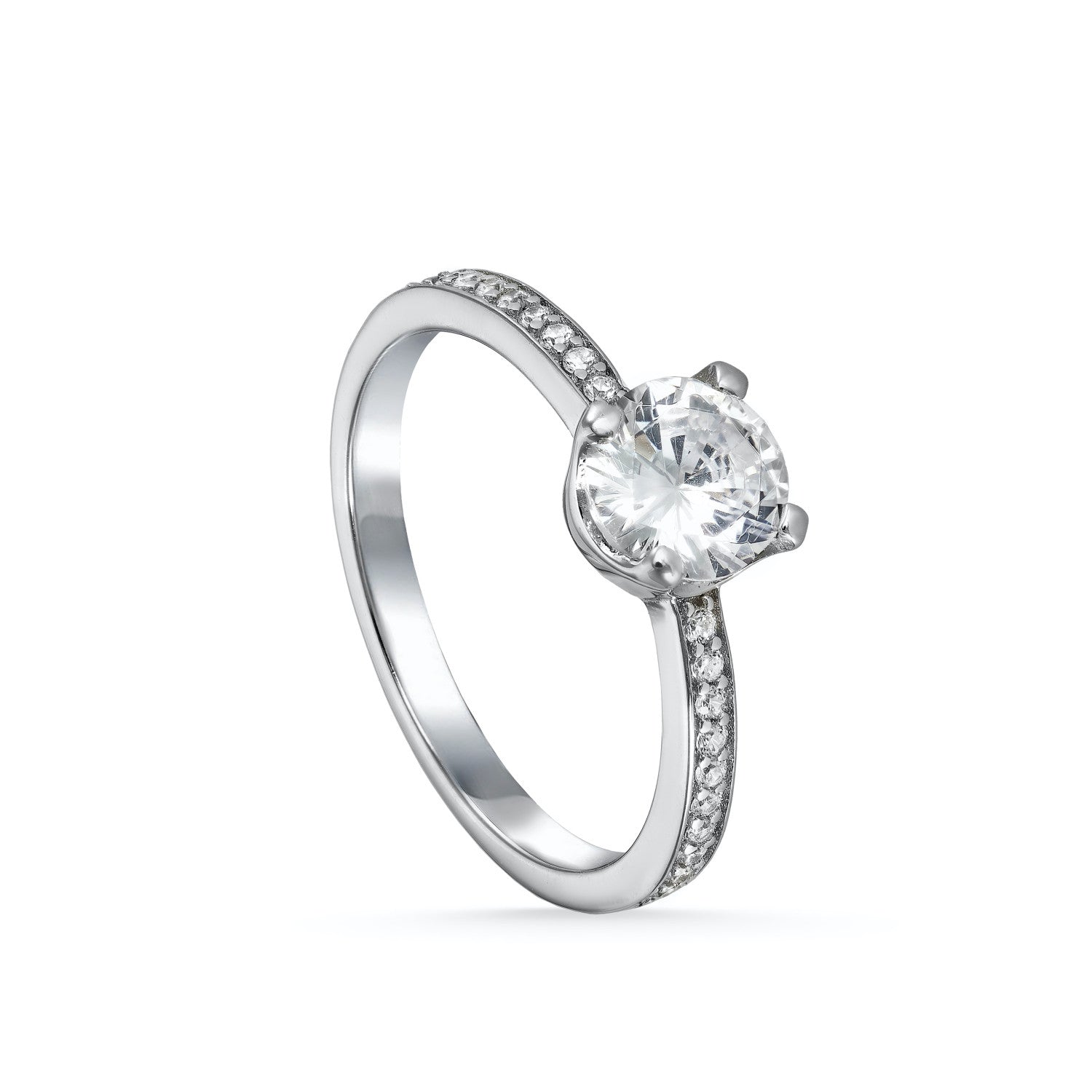 Anillo solitario de plata contorno de circonitas y cuarzo adamantino