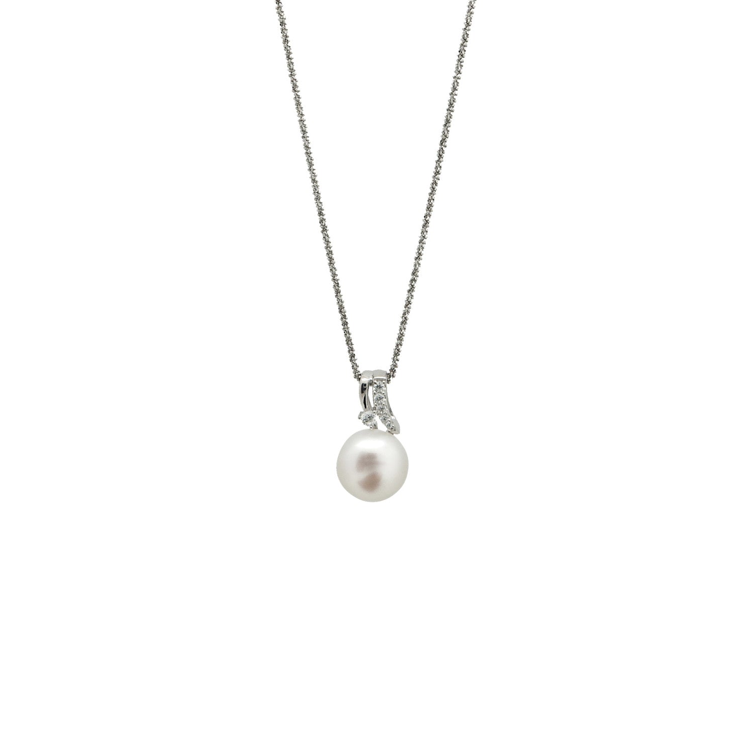 Colgante perlas de plata diseño curva de circonitas