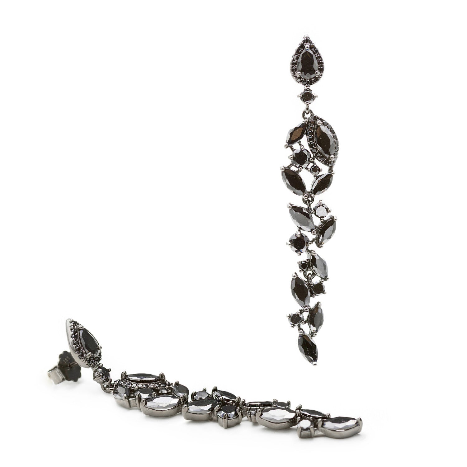 Pendientes largos brillantes novia plata rutenio diseño floral