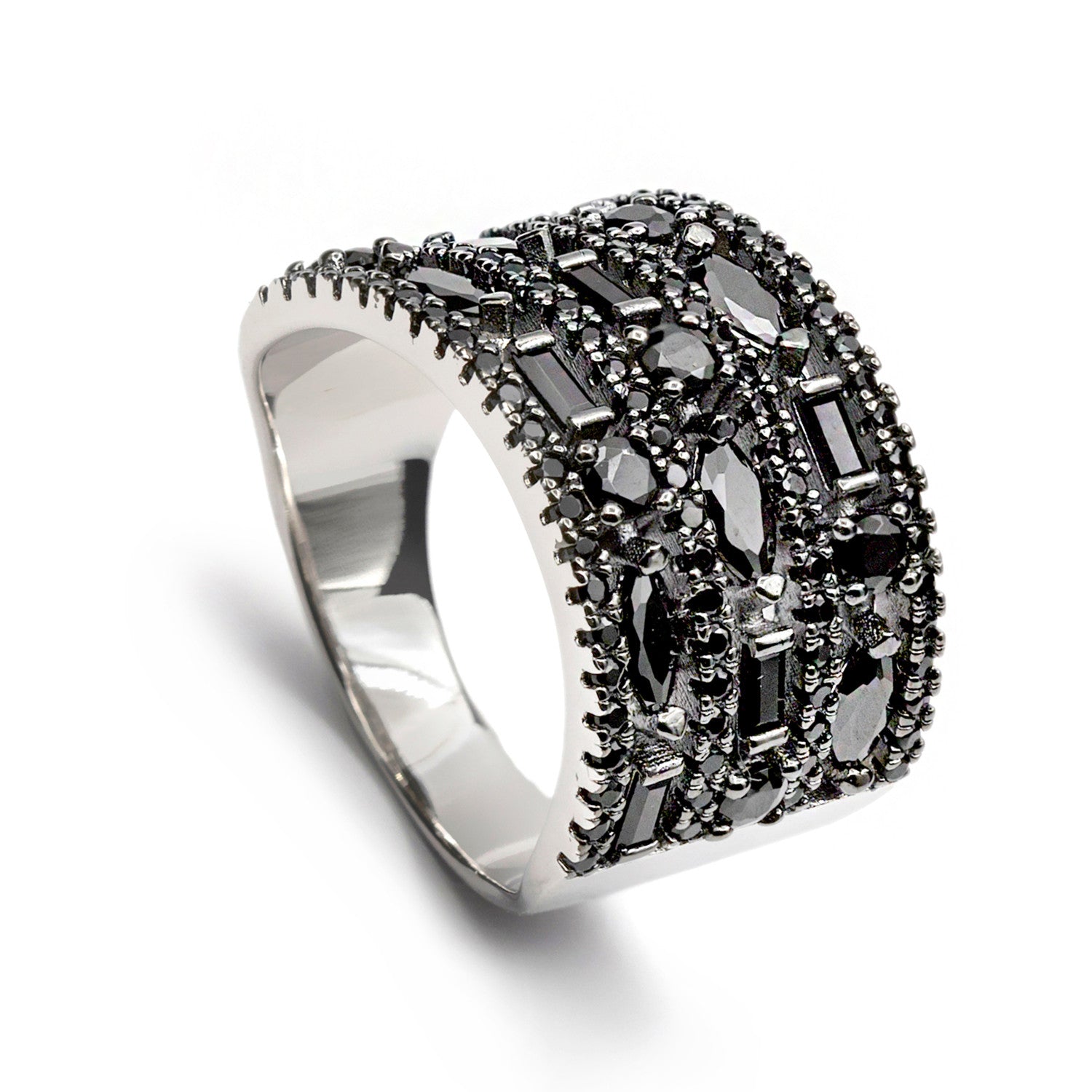 Silver rings with black cubic zirconia, wide design