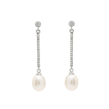 Long silver earrings with freshwater pearls that move and cubic zirconia detail