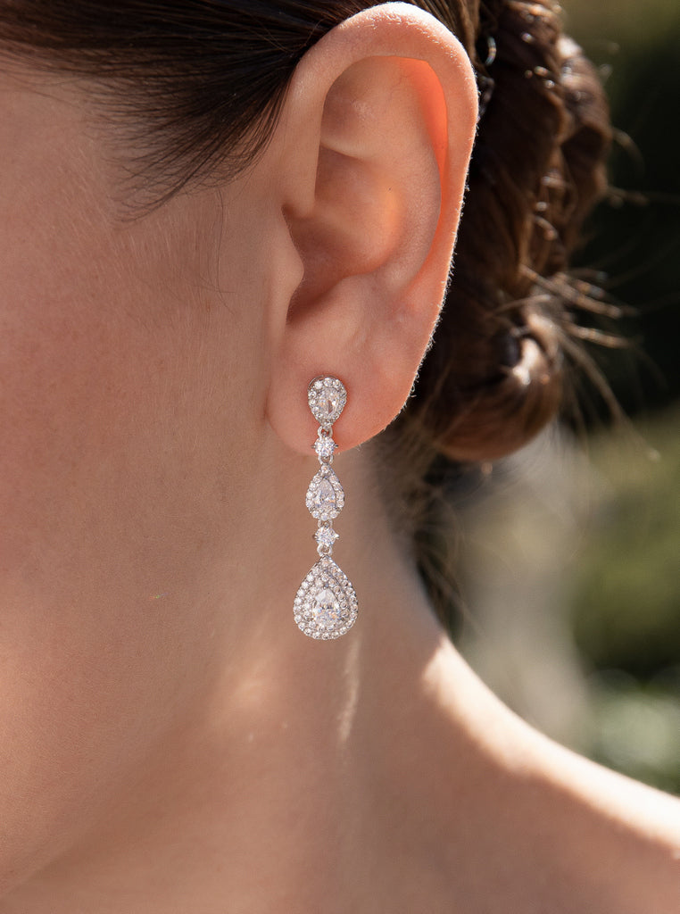 Pendientes largos novia de plata en diferentes tallas con circonitas