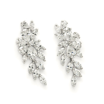 Long silver bridal earrings, nature style design with cubic zirconia