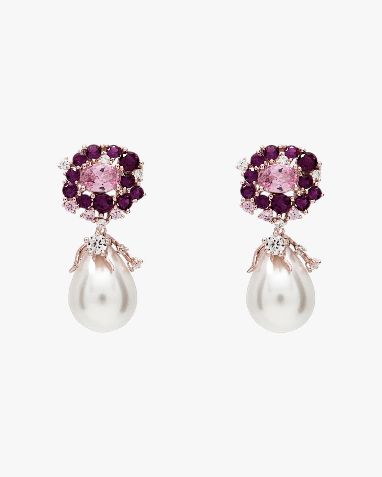Pendientes perla colgante con gemas rosadas y circonita