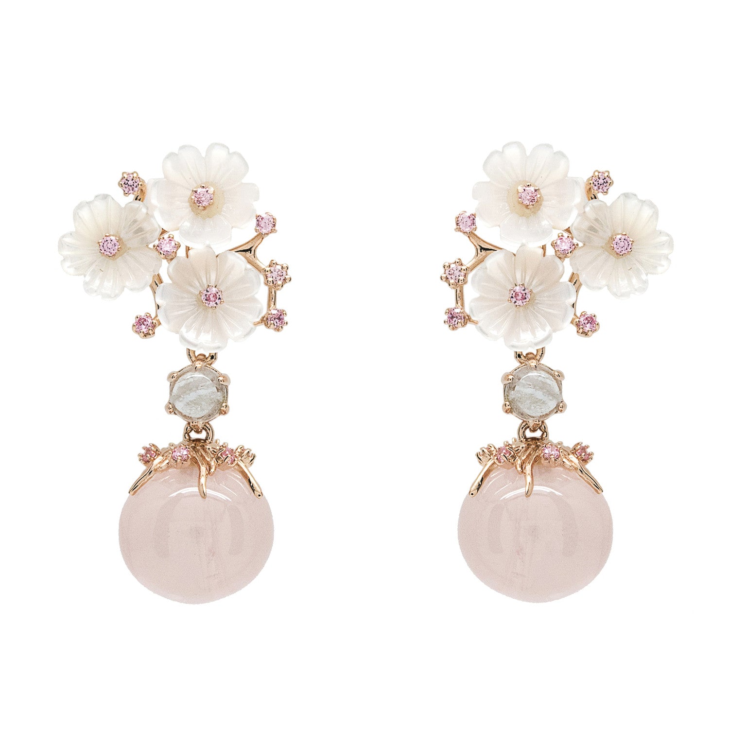 Pendientes de piedra natural diseño floral tono cuarzo rosa
