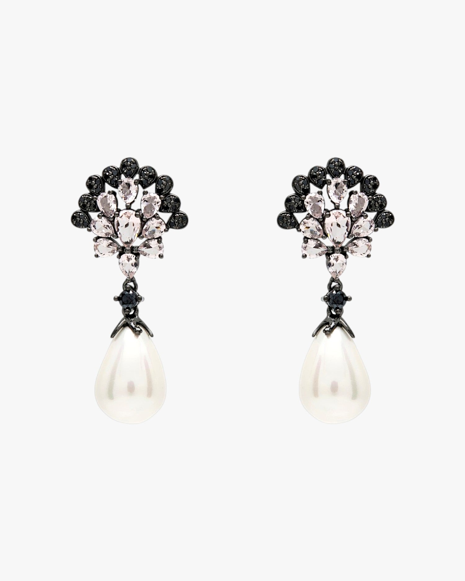 Pendientes perla colgante diseño gemas negras y rosadas