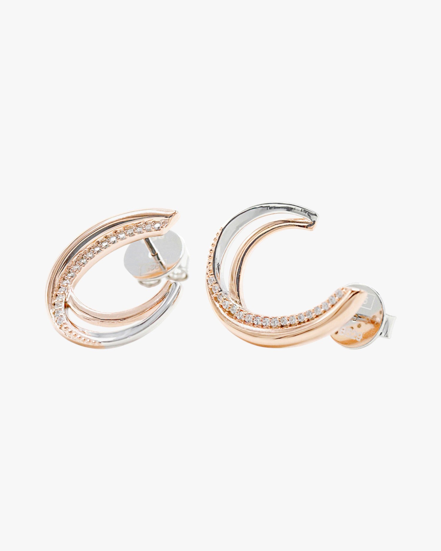 Pendientes bicolor de plata bañada en rosa con circonitas.