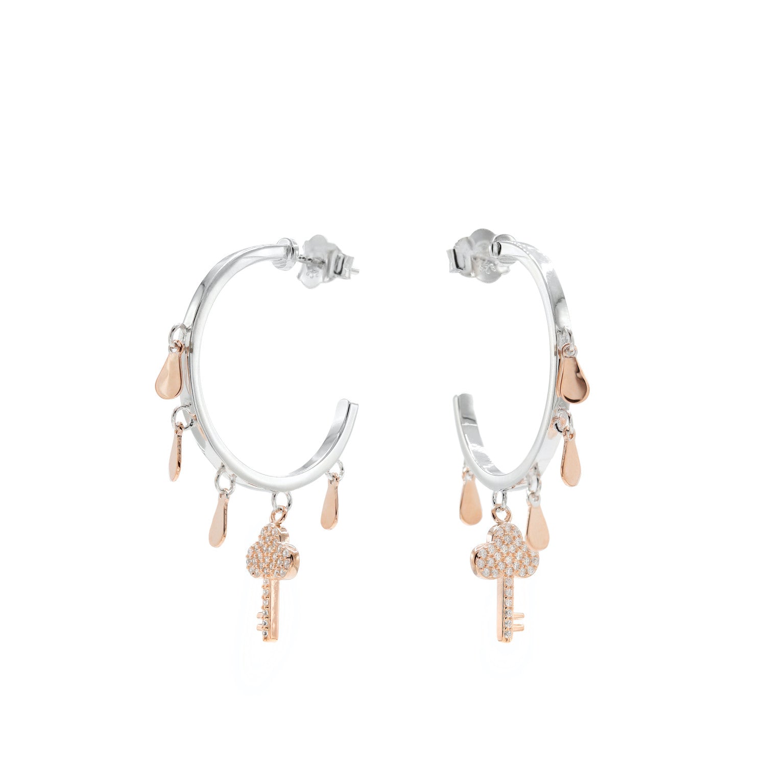 Pendientes aros con colgantes motivo lágrima y llave con circonitas