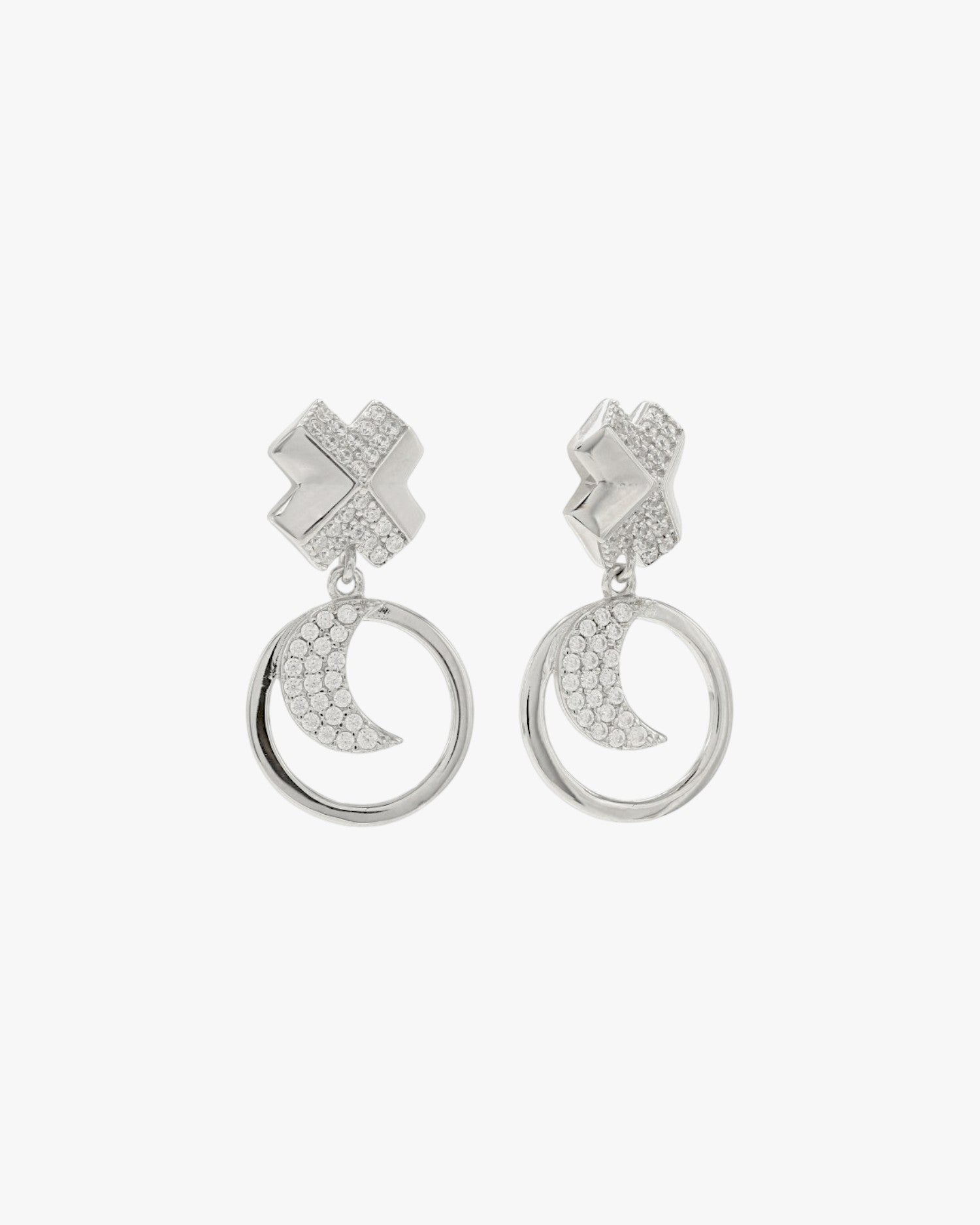 Pendientes plata y circonitas móviles con motivo de circulo y luna