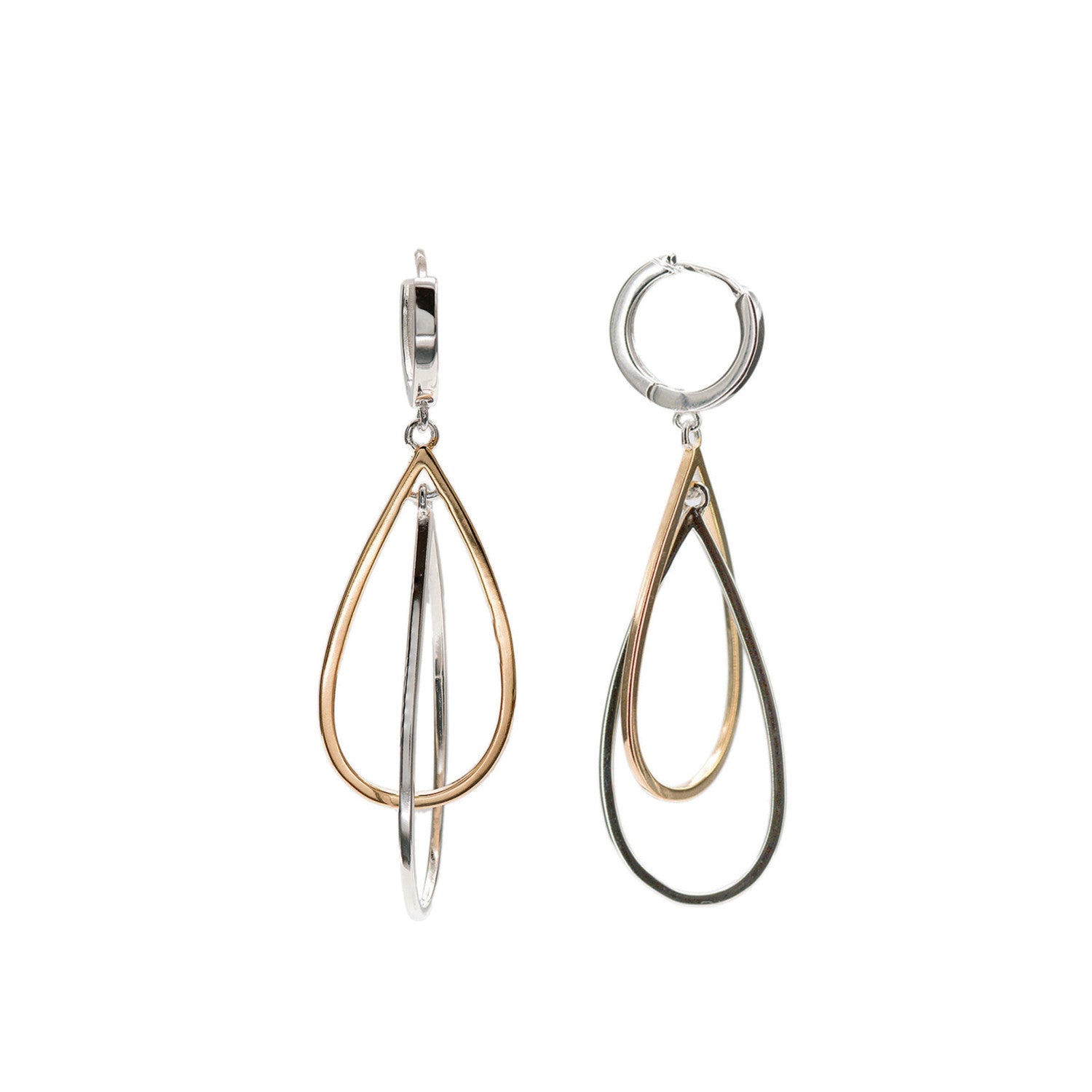 Long two-tone silver earrings with a teardrop design