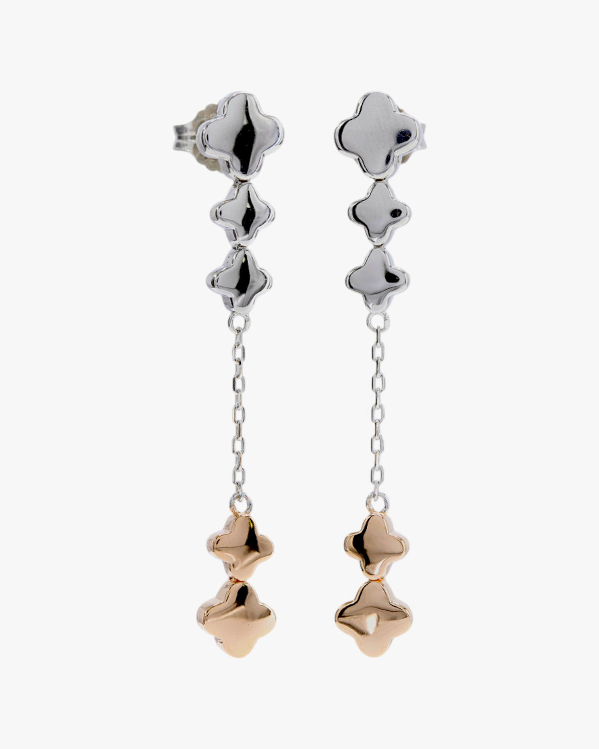 Longues et fines boucles d'oreilles en argent bicolores ornées de croix