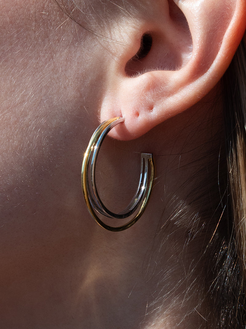 Boucles d'oreilles créole bicolore avec tres rails taille moyenne