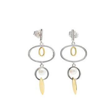 Pendientes largos de plata diseño bicolor con círculos y detalle de perla