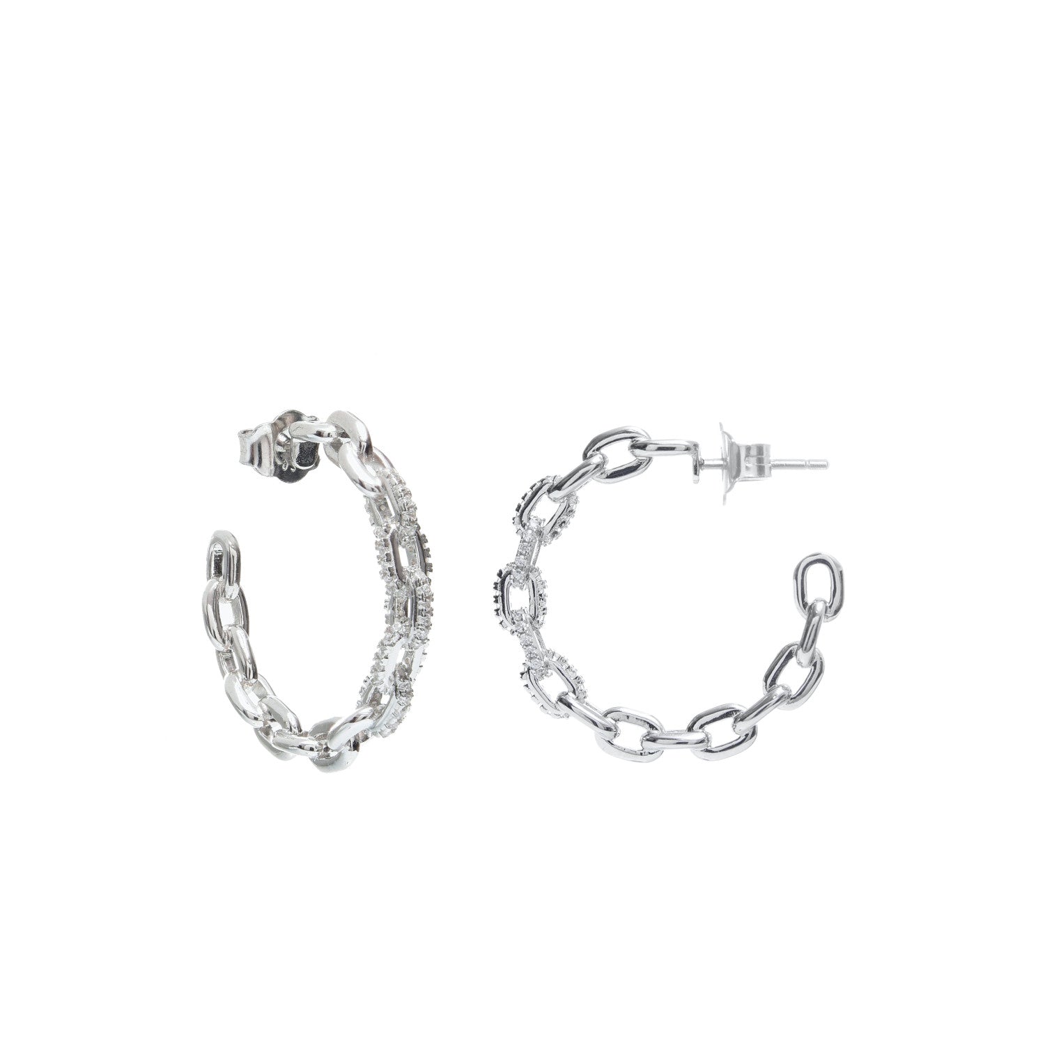 Boucles d'oreilles créole argent originaux design de chaîne et détail zircons