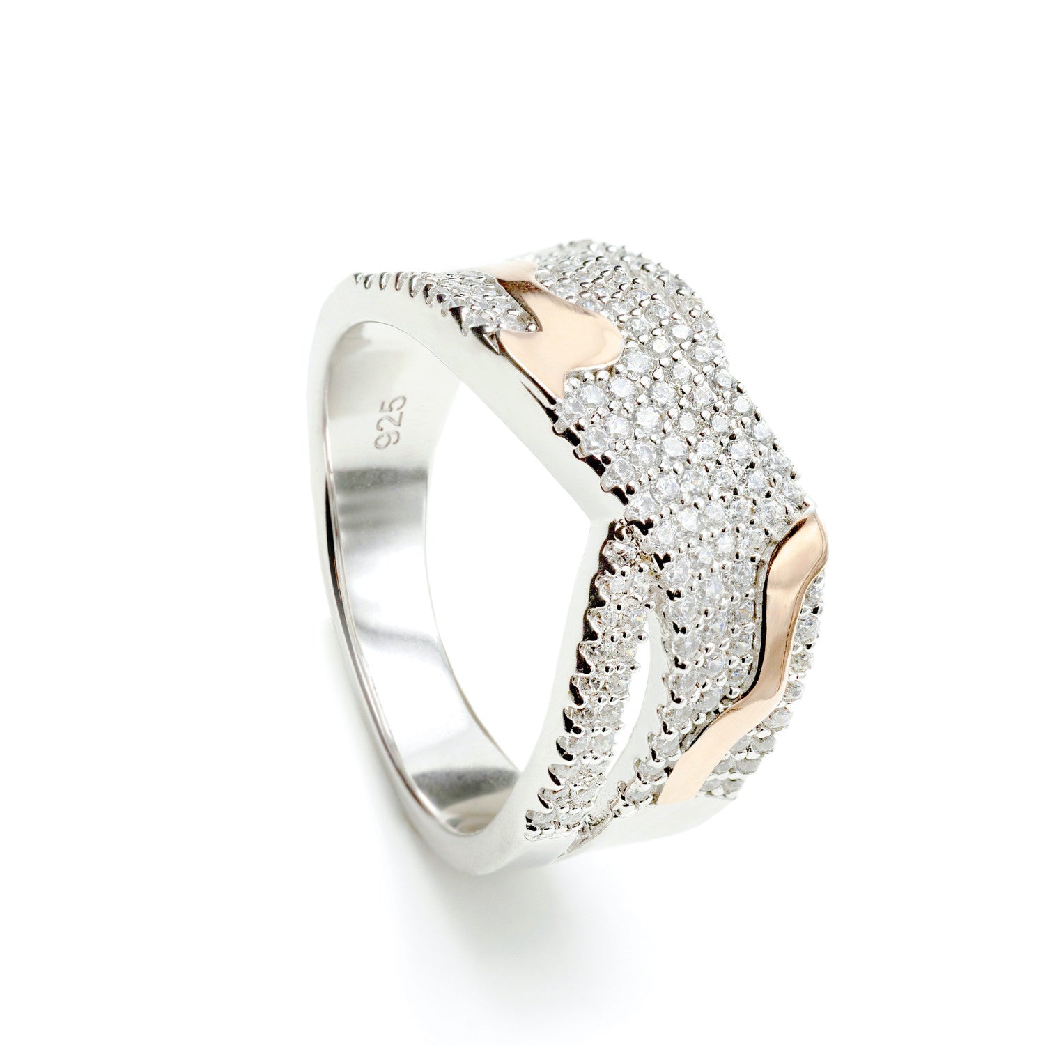 Anillos circonitas de plata diseño bicolor cruzado