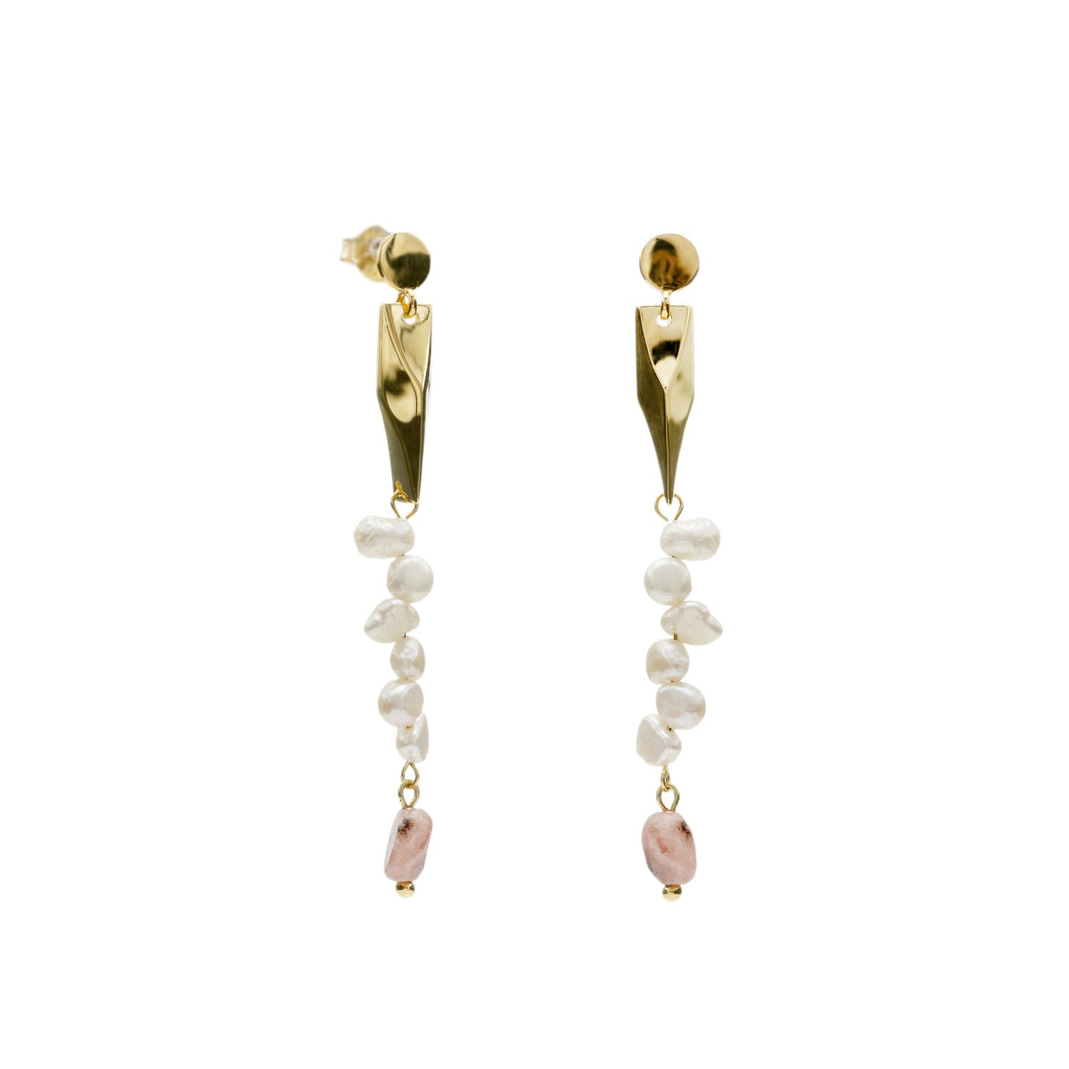 Pendientes largos con perlas irregulares y piedra rosa