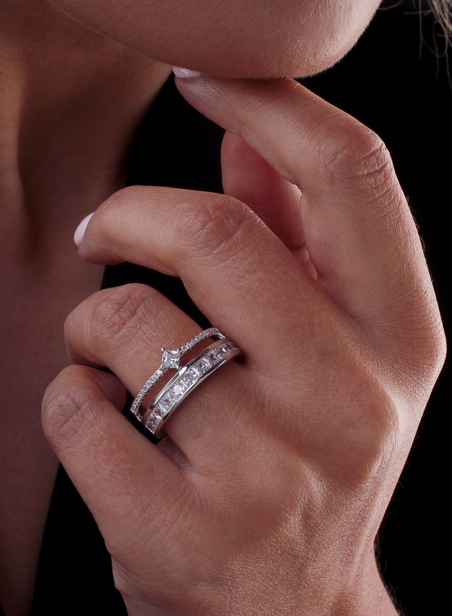 bague zircons de argent avec quartz adamantine