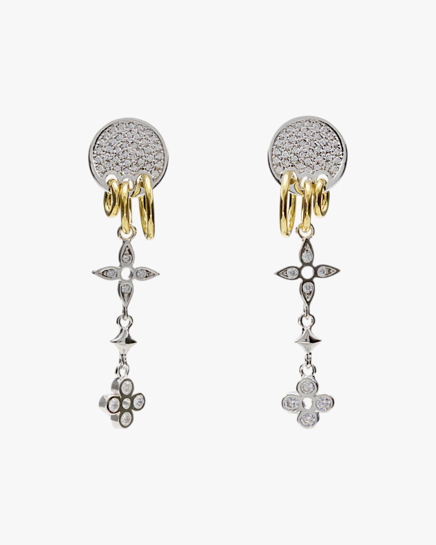 Pendientes largos finos de plata con charms de flores y circonitas