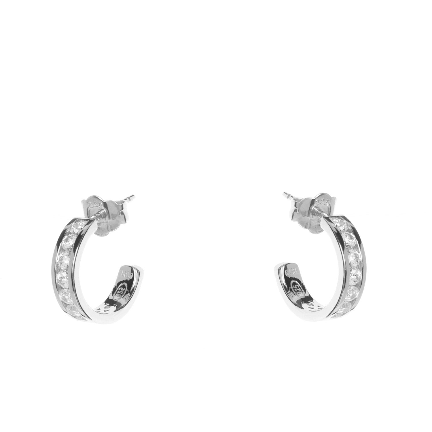 Small hoop earrings with a channel design featuring cubic zirconia