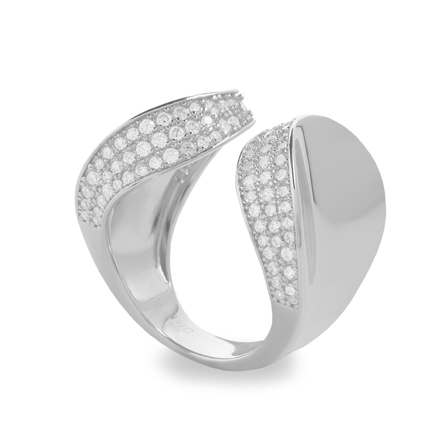 Open design rings formed by side cubic zirconia