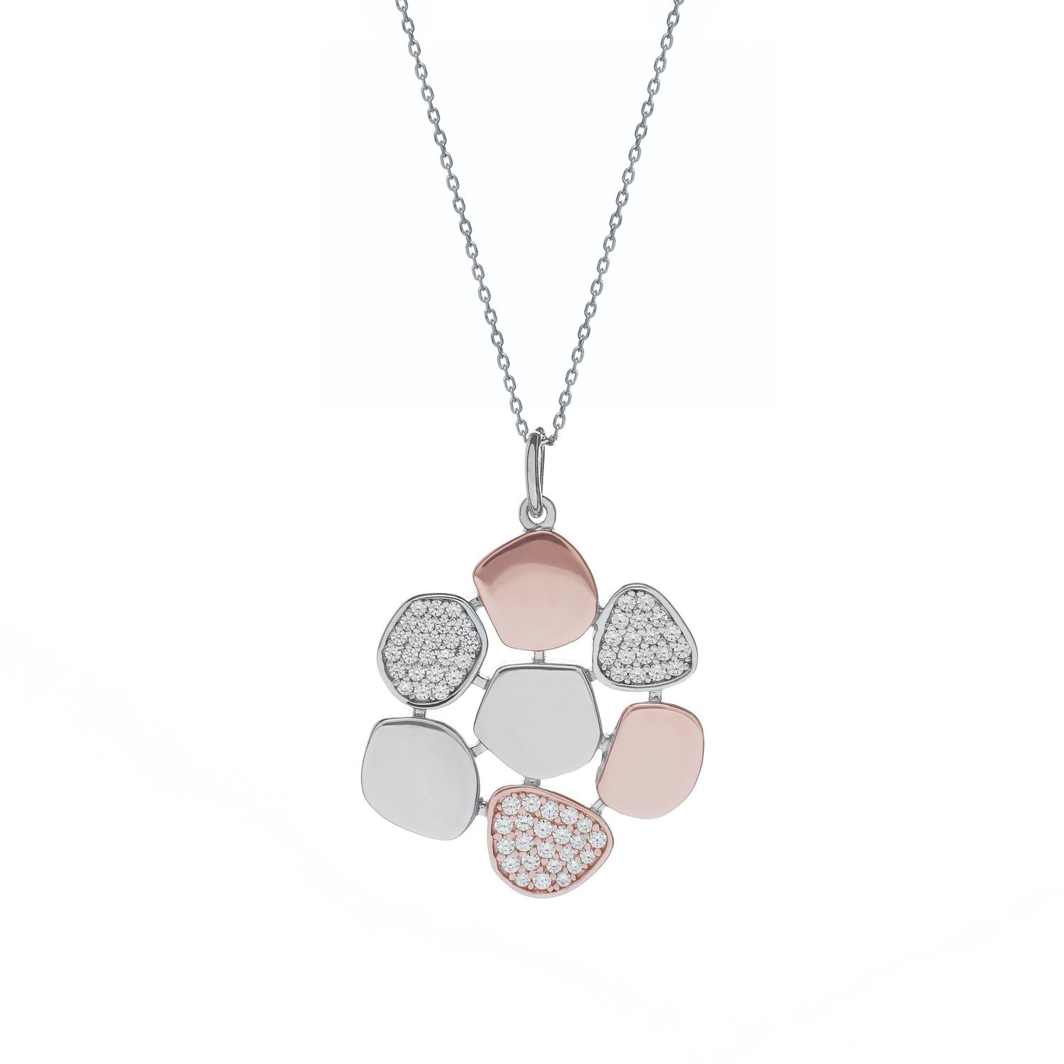 Colgantes bicolor de plata con motivo floral de plata lisa y circonita