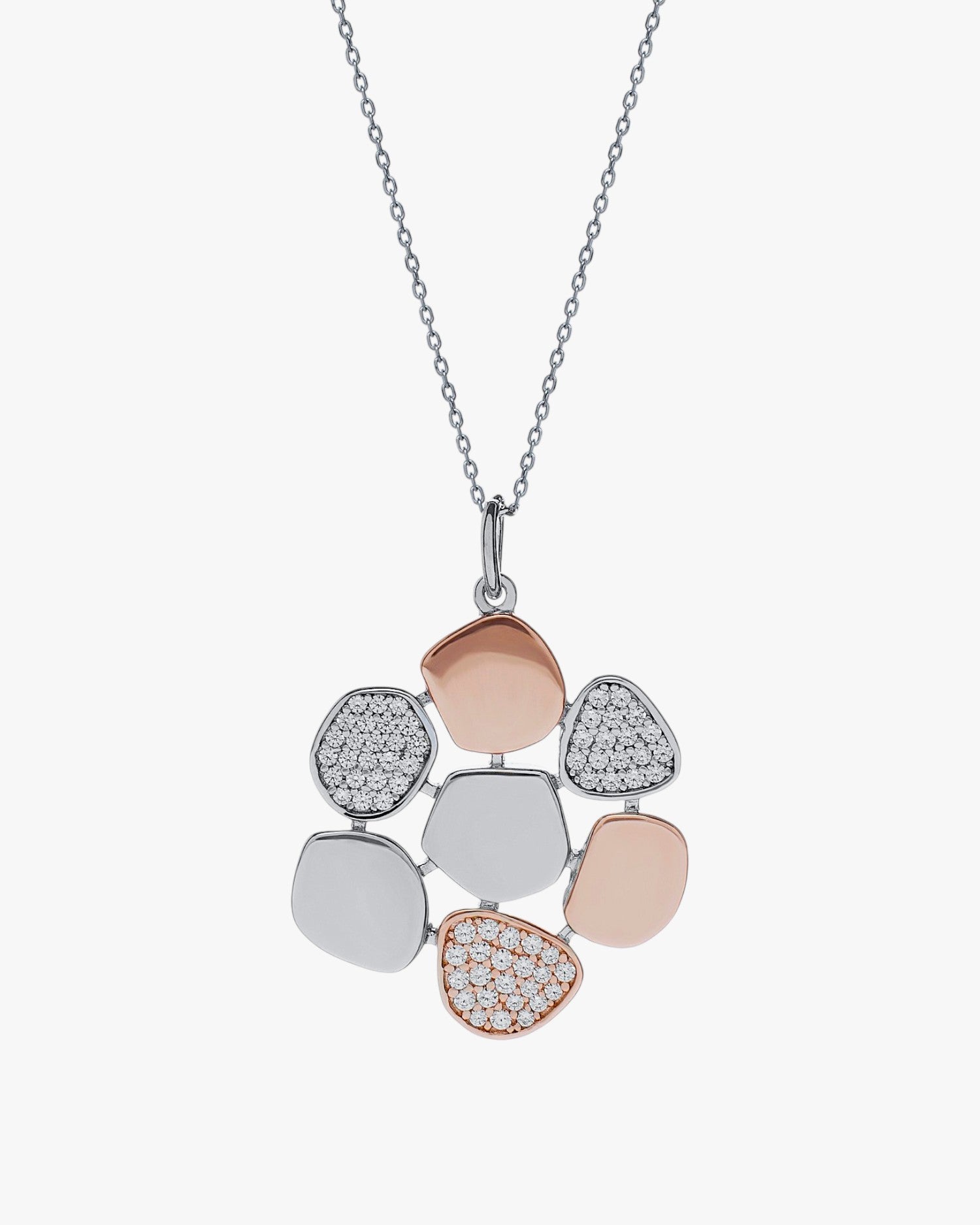 Colgantes bicolor de plata con motivo floral de plata lisa y circonita