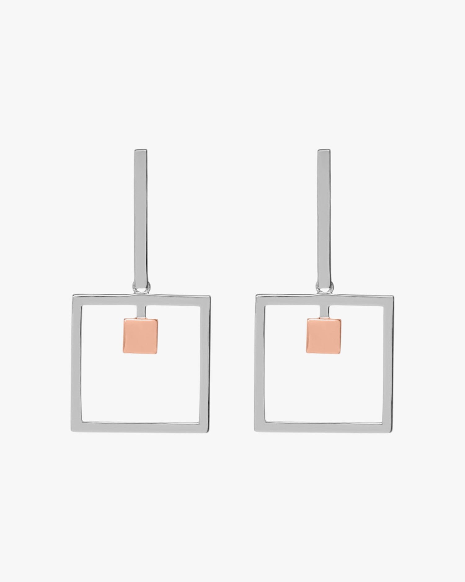 Pendientes bicolor diseño cuadrado plata lisa y oro rosa
