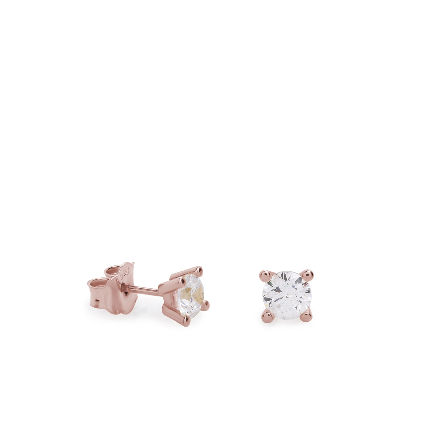 Pendientes pequeños plata baño rosa diseño 4 garras con circonita