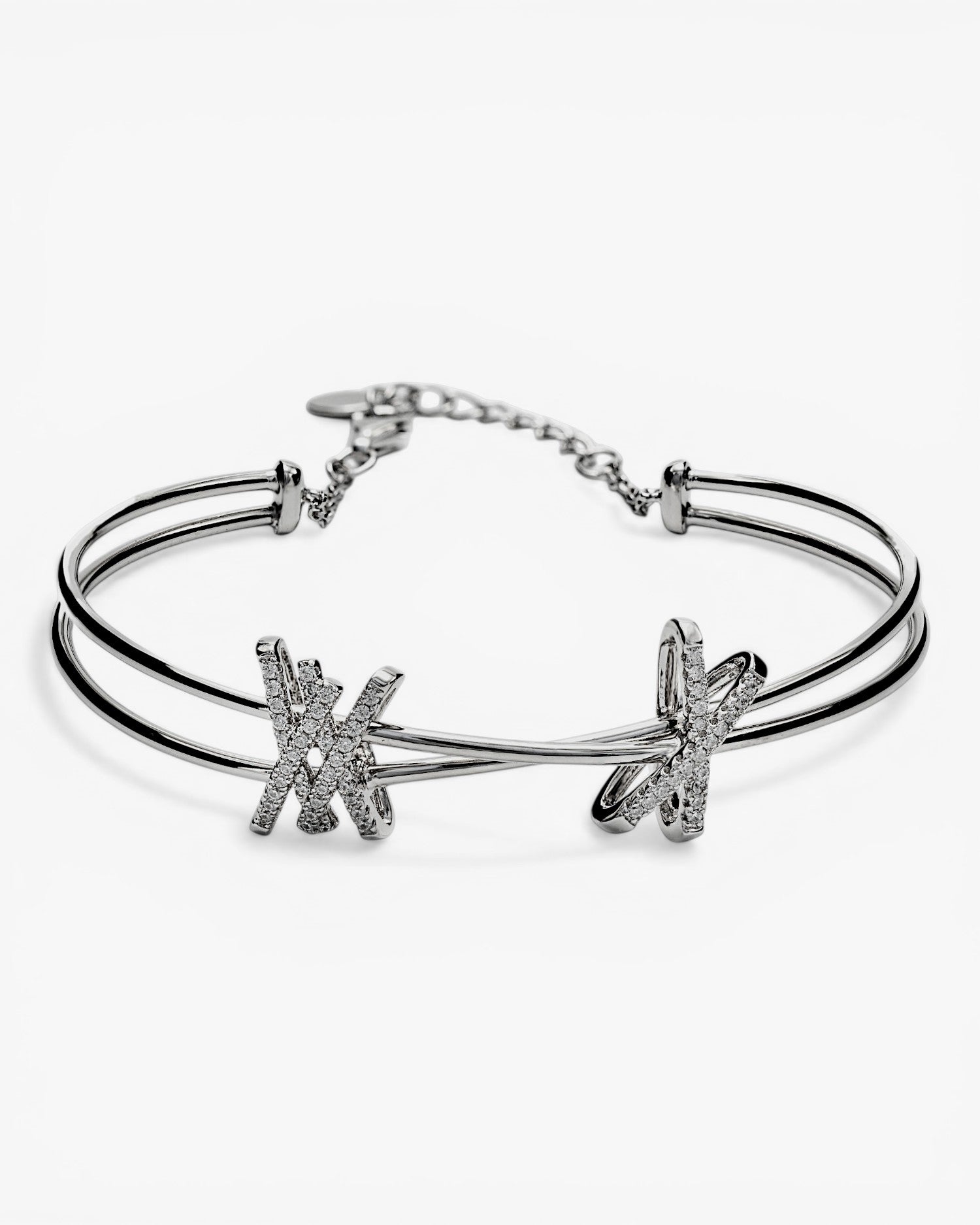 Pulsera esclava de plata diseño doble grapa de circonita y plata lisa