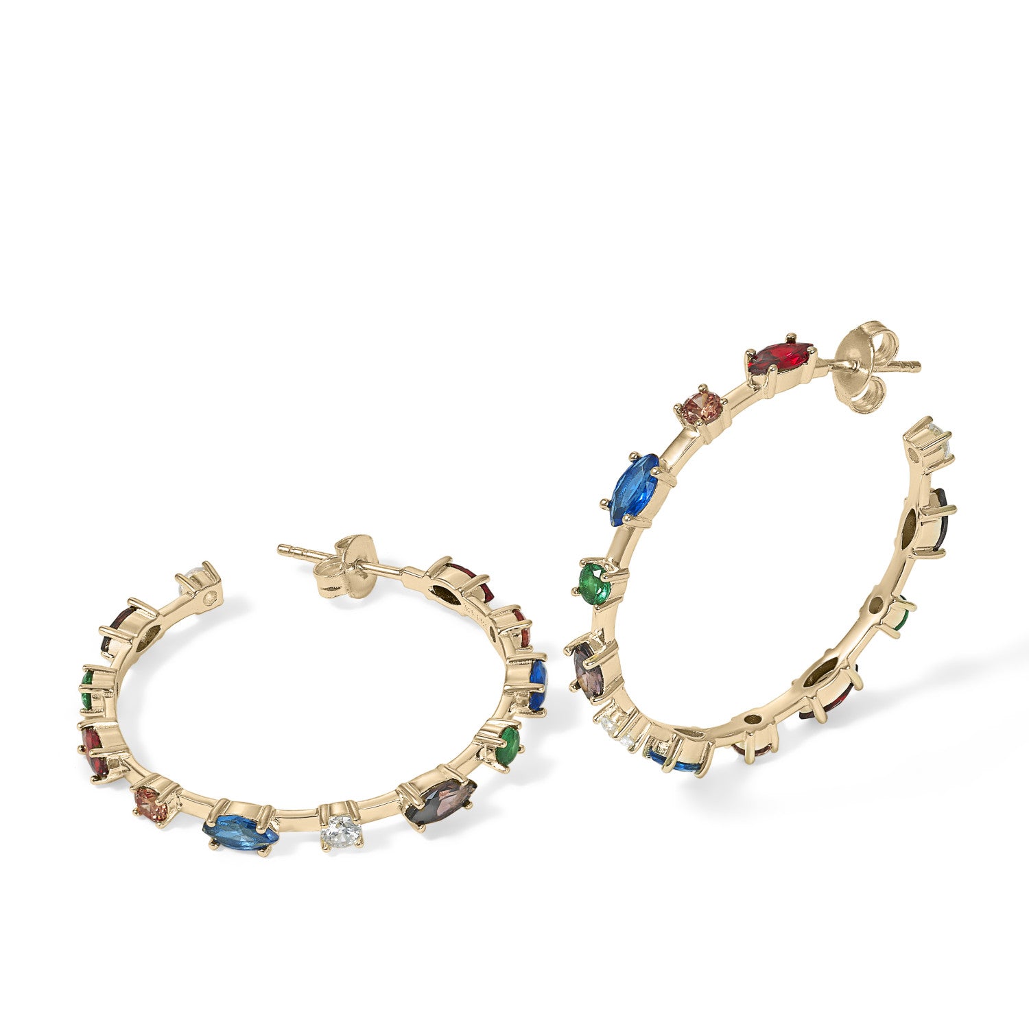 Silver hoop earrings with sparkling stones arranged in a line