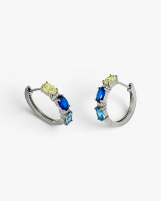 Petites boucles d'oreilles créoles argentées, motif bleu