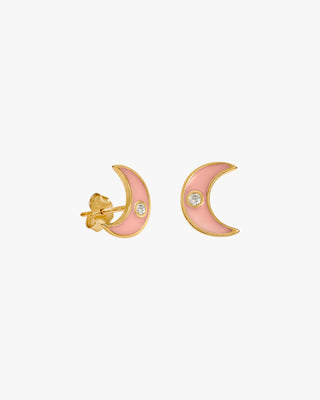 Petites boucles d'oreilles en argent ornées d'un motif de lune et d'émail rose