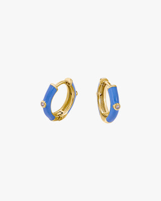 Petites boucles d'oreilles créoles, émail bleu et zircon cubique central
