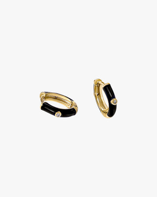 Petites boucles d'oreilles créoles, émail noir et zircon cubique central