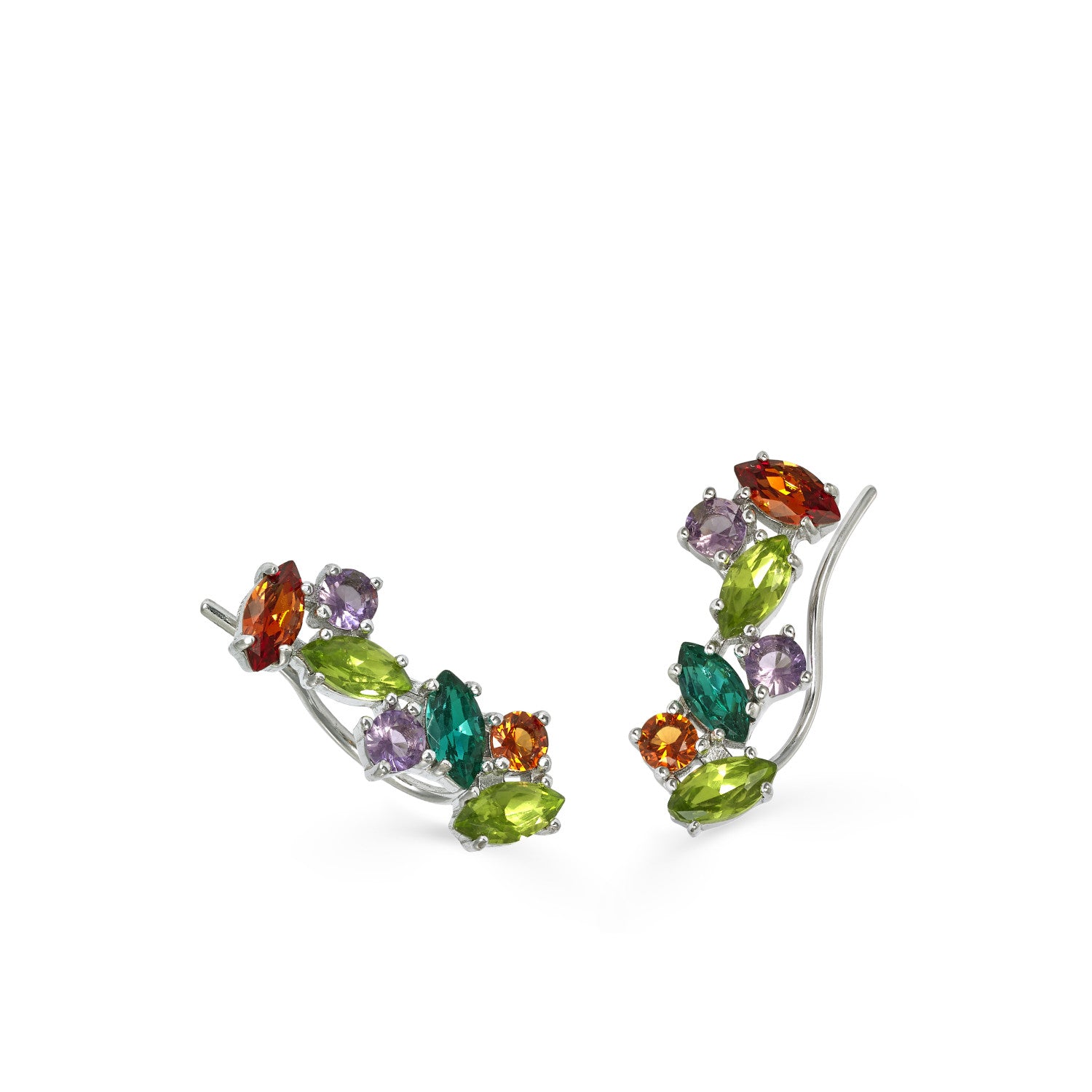 Silver climber earrings with dark green and lavender stone designs