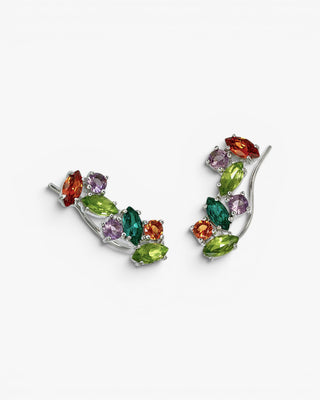 Pendientes trepadores en plata diseño piedras tono verde oscuro y lavanda