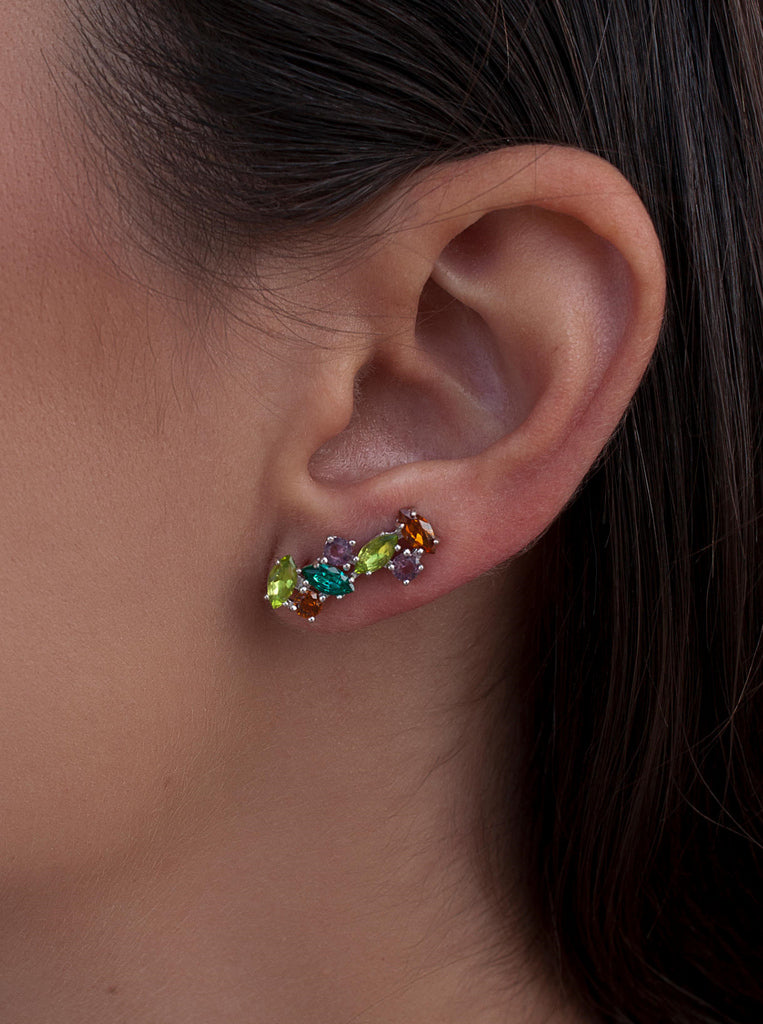 Silver climber earrings with dark green and lavender stone designs