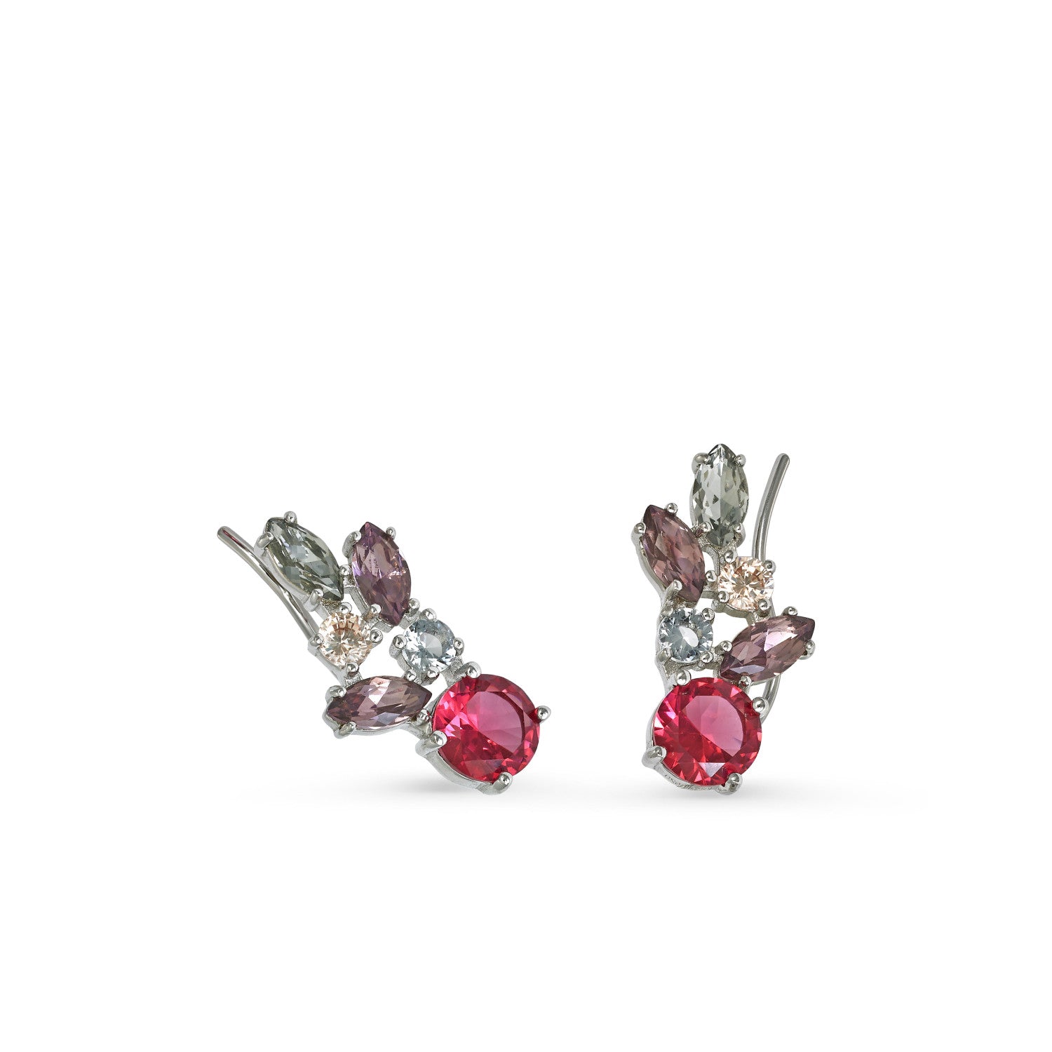 Silver climber earrings with a pink leaf design