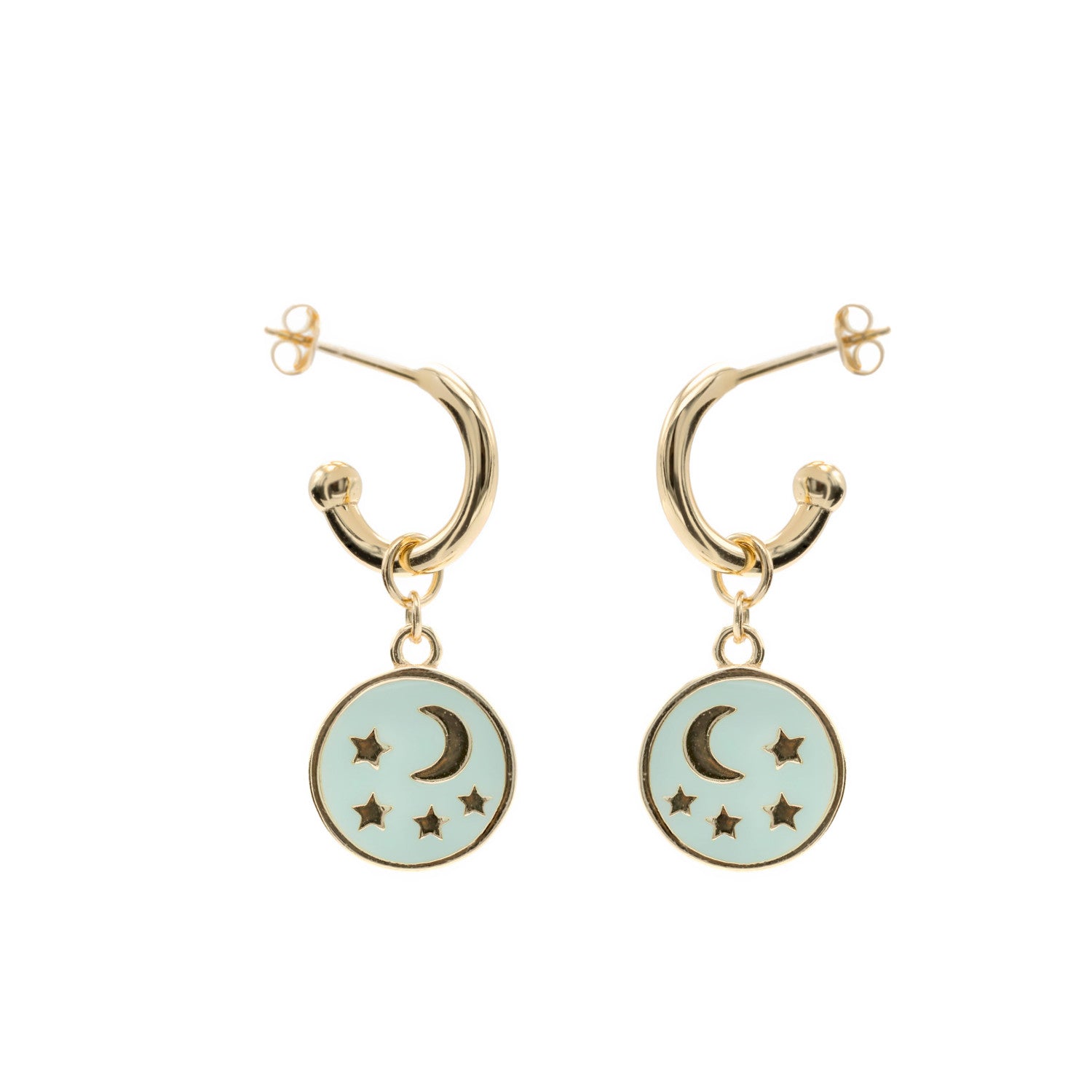 Boucles d'oreilles créoles avec pendentifs en forme de médaillon lune et étoile
