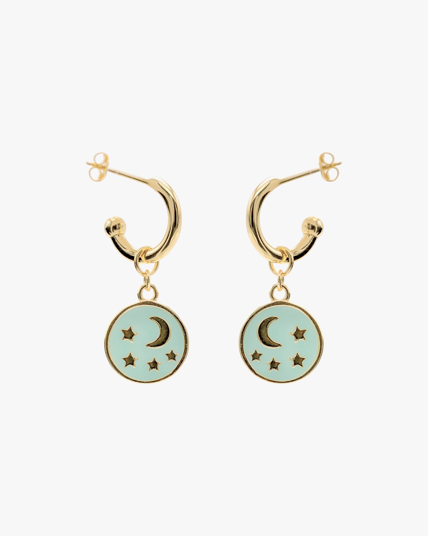 Hoop earrings with moon and star medallion design pendants