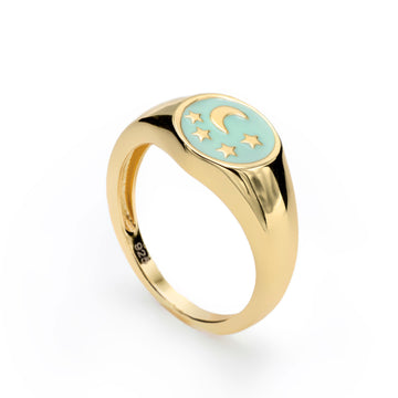 Anillo sello de plata diseño de esmalte dibujo de luna y estrellas
