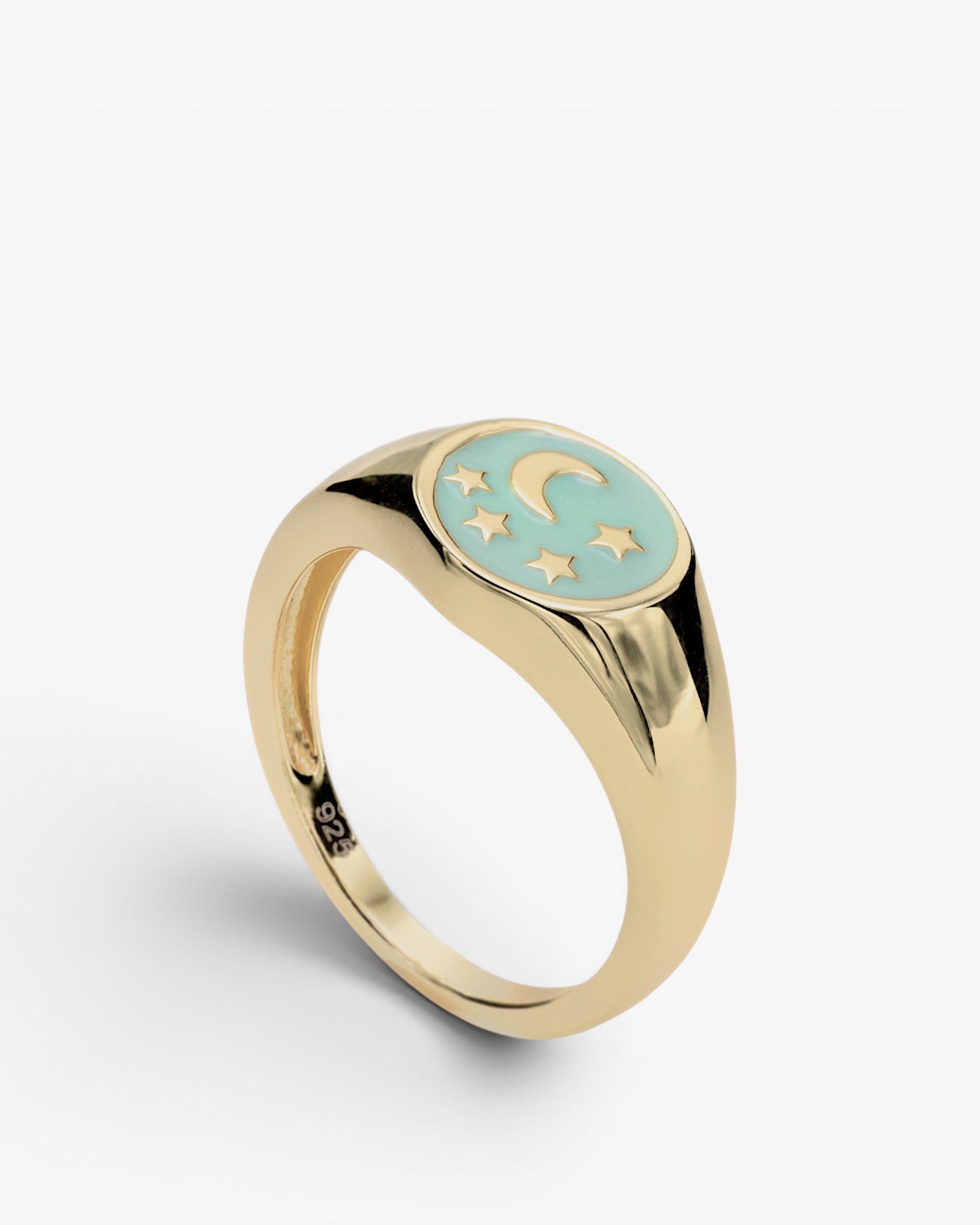 Silver signet ring with enamel design of moon and stars