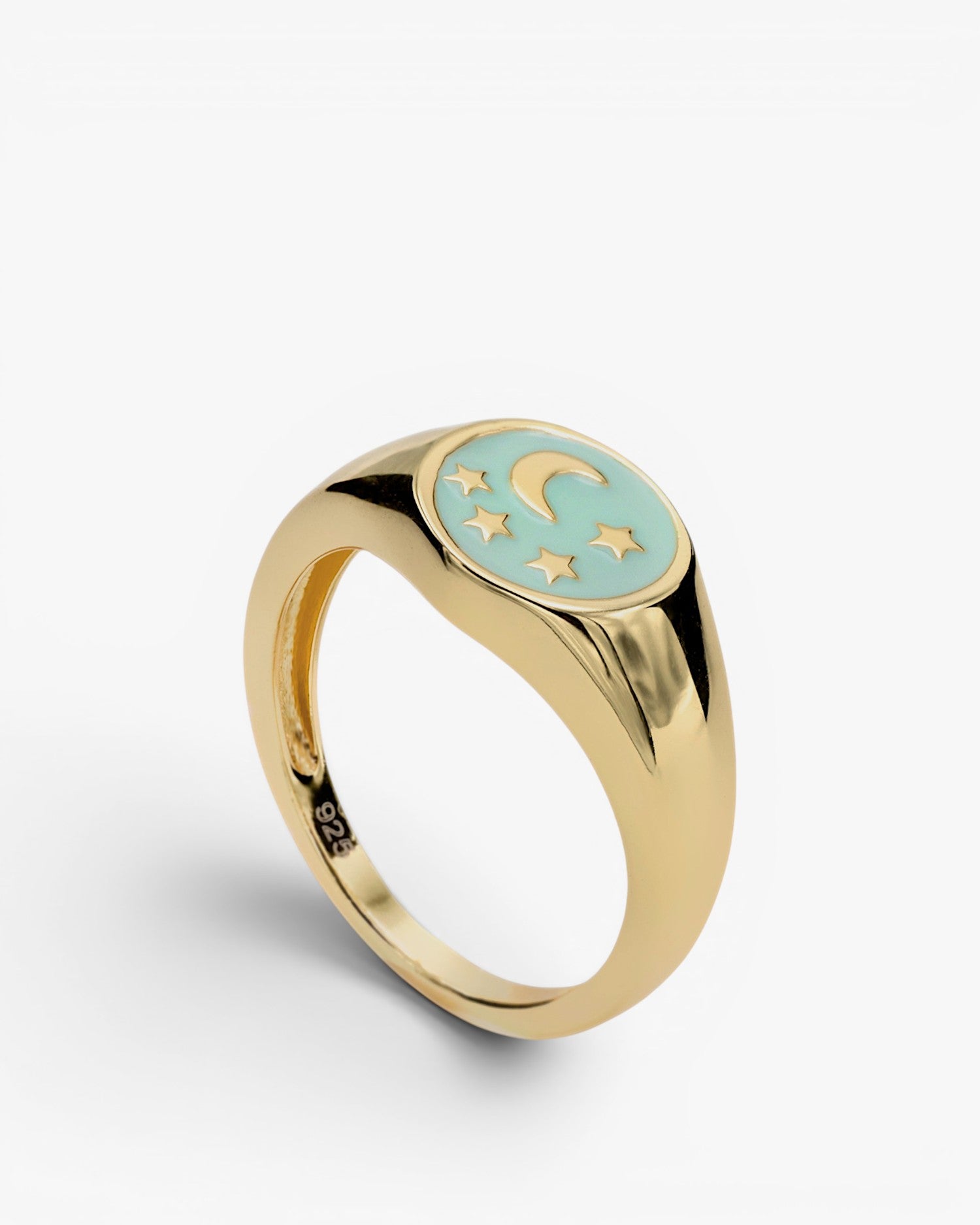 Anillo sello de plata diseño de esmalte dibujo de luna y estrellas