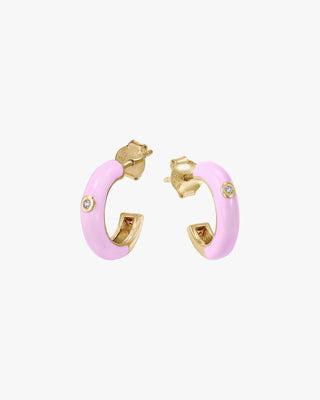 Pendientes aros pequeños diseño esmalte tono rosa y circonita central