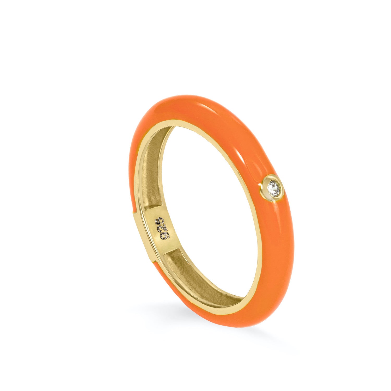 Anillo esmalte naranja diseño circonita central bañado en oro