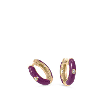 Petites boucles d'oreilles créoles, motif en émail violet avec zircon cubique central