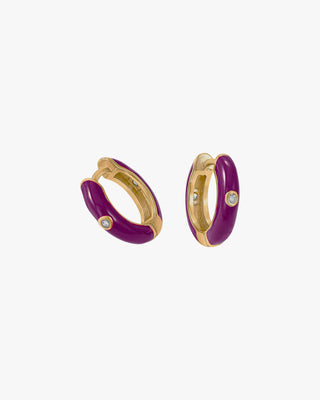 Pendientes aros pequeños diseño esmalte púrpura y circonita central