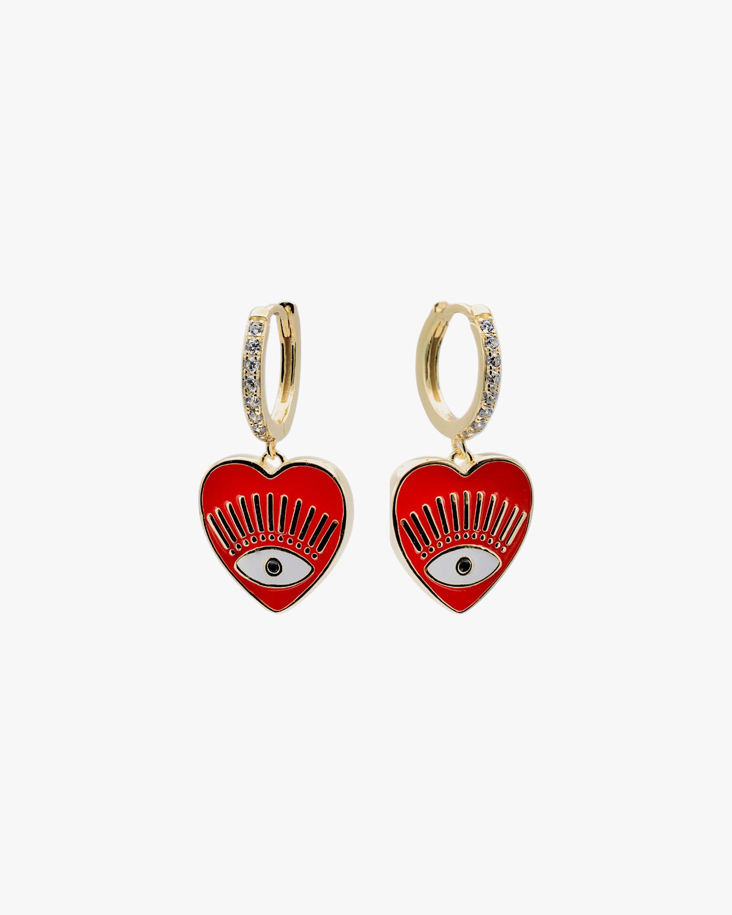 Hoop earrings with heart-shaped pendants in red enamel