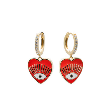 Pendientes aros con colgantes diseño corazón en esmalte rojo